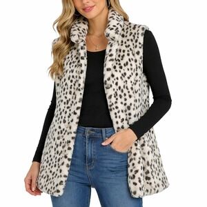 V Cristina Dalmatian Faux Fur Vest White‎ Black Animal Print Button Front Medium
